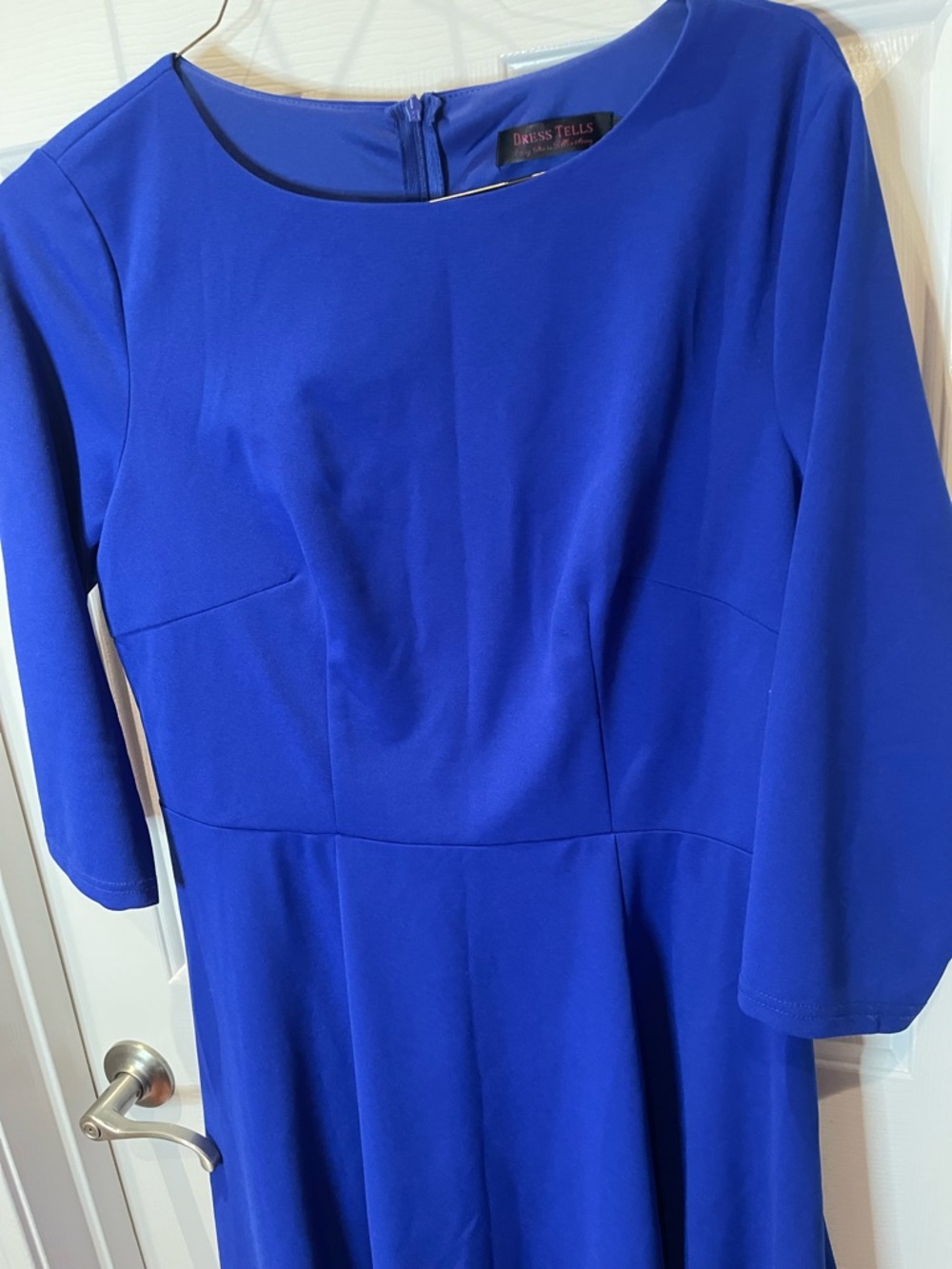 Royal Blue Fit-and-Flare Midi Dress with Three-Quarter Sleeves - Picture 6 of 12